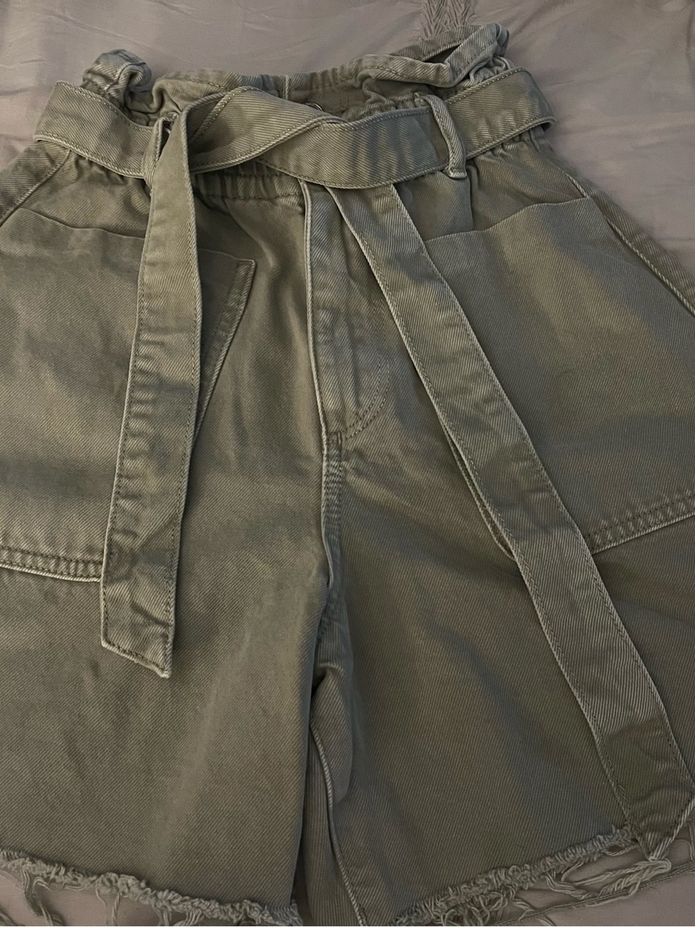 Zara Olive Green High-Waist Paperbag Belted Shorts